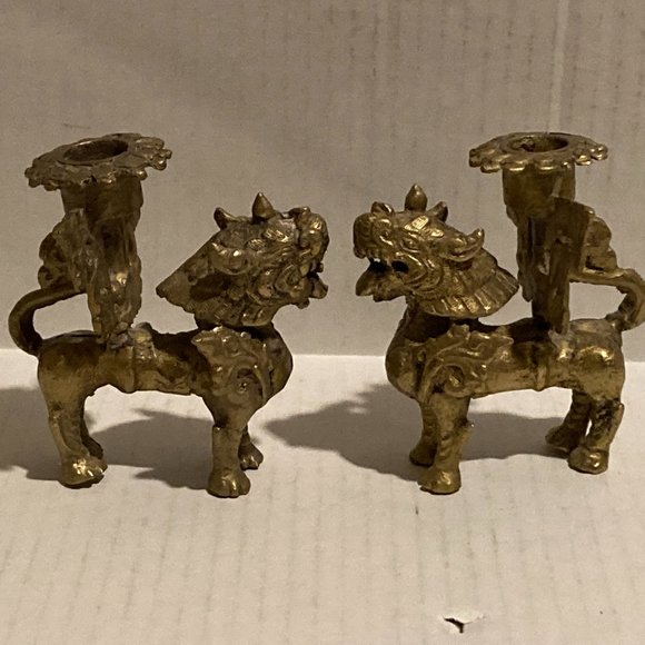 Vintage Brass Chinese Foo Dog Candlestick Holders